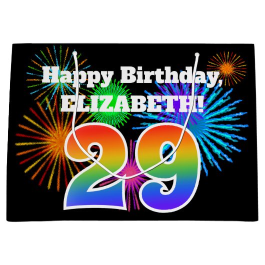 Fun Fireworks + Regenbogenmuster "29" Geburtstag # Große Geschenktüte (Vorderseite)