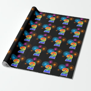 Fun Fireworks + Regenbogenmuster "2" Ereignisnumme Geschenkpapier