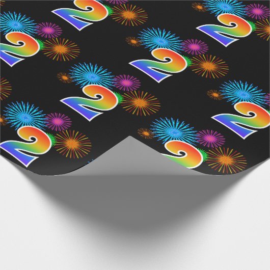 Fun Fireworks + Regenbogenmuster "2" Ereignisnumme Geschenkpapier (Ecke)