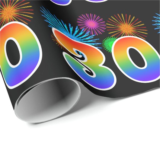 Fun Fireworks + Regenbogenmuster "30" Ereignisnumm Geschenkpapier (Rolleneckpunkt)