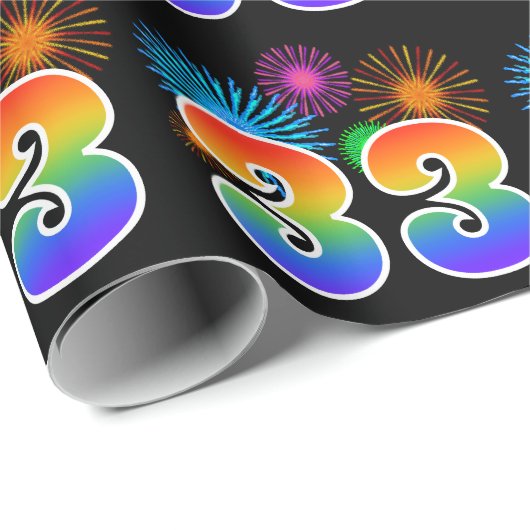 Fun Fireworks + Regenbogenmuster "33" Ereignisnumm Geschenkpapier (Rolleneckpunkt)