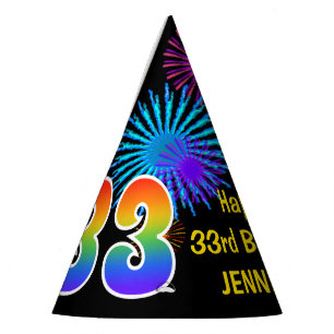 Fun Fireworks + Regenbogenmuster "33" Geburtstag # Partyhütchen