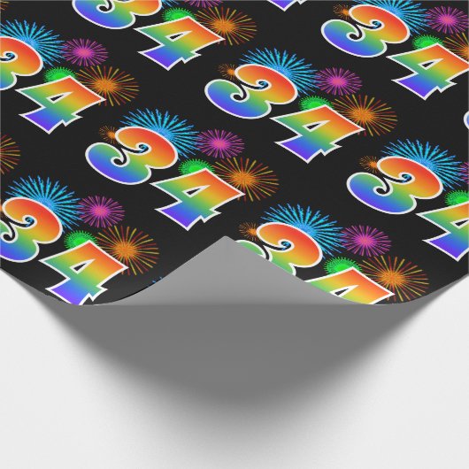 Fun Fireworks + Regenbogenmuster "34" Ereignisnumm Geschenkpapier (Ecke)
