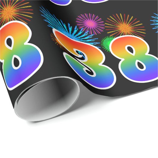 Fun Fireworks + Regenbogenmuster "38" Ereignisnumm Geschenkpapier (Rolleneckpunkt)
