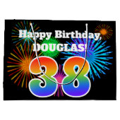Fun Fireworks + Regenbogenmuster "38" Geburtstag # Große Geschenktüte (Rückseite)