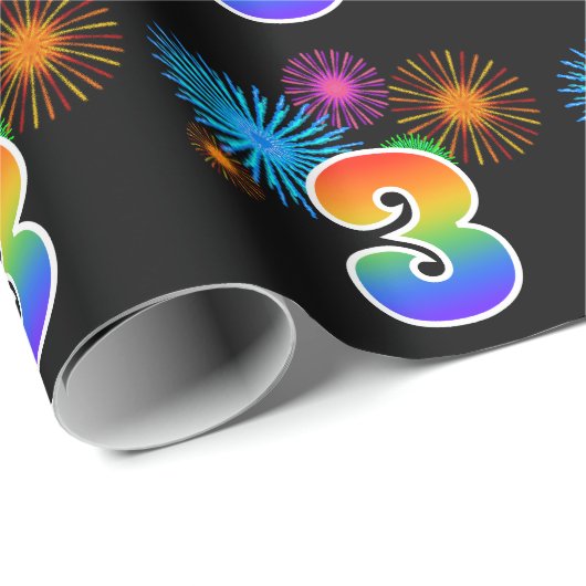 Fun Fireworks + Regenbogenmuster "3" Ereignisnumme Geschenkpapier (Rolleneckpunkt)