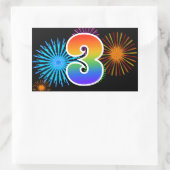Fun Fireworks + Regenbogenmuster "3" Ereignisnumme Rechteckiger Aufkleber (Tasche)