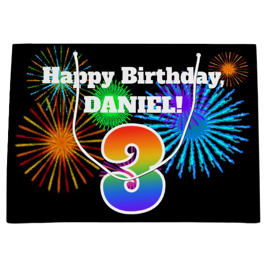 Fun Fireworks + Regenbogenmuster "3" Geburtstag # Große Geschenktüte (Vorderseite)