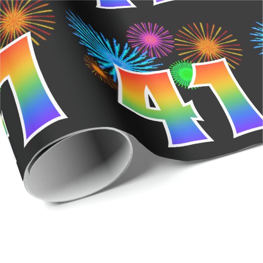 Fun Fireworks + Regenbogenmuster "41" Ereignisnumm Geschenkpapier (Rolleneckpunkt)