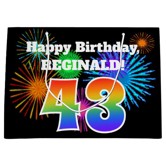 Fun Fireworks + Regenbogenmuster "43" Geburtstag # Große Geschenktüte (Vorderseite)