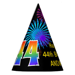 Fun Fireworks + Regenbogenmuster "44" Geburtstag # Partyhütchen