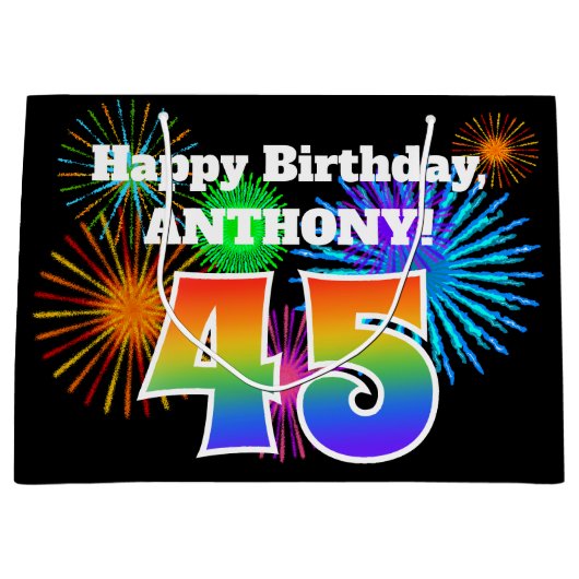 Fun Fireworks + Regenbogenmuster "45" Geburtstag # Große Geschenktüte (Vorderseite)