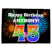 Fun Fireworks + Regenbogenmuster "45" Geburtstag # Große Geschenktüte (Rückseite)