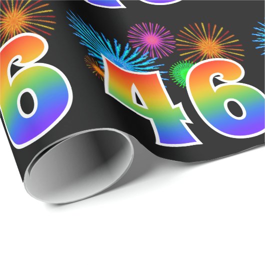Fun Fireworks + Regenbogenmuster "46" Ereignisnumm Geschenkpapier (Rolleneckpunkt)