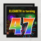 Fun Fireworks + Regenbogenmuster "47" Geburtstag # Einladung (Vorne/Hinten)