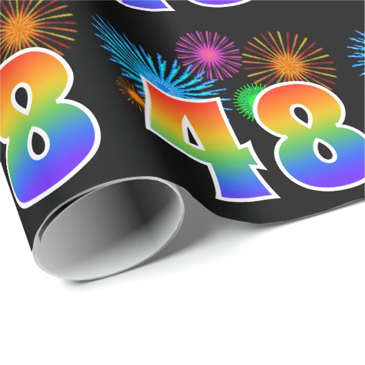 Fun Fireworks + Regenbogenmuster "48" Ereignisnumm Geschenkpapier (Rolleneckpunkt)