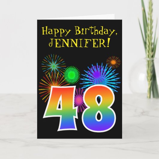 Fun Fireworks + Regenbogenmuster "48" Geburtstag # Karte (Vorderseite)
