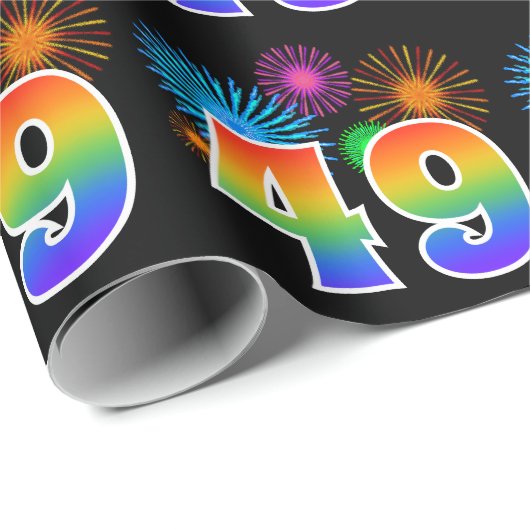 Fun Fireworks + Regenbogenmuster "49" Ereignisnumm Geschenkpapier (Rolleneckpunkt)