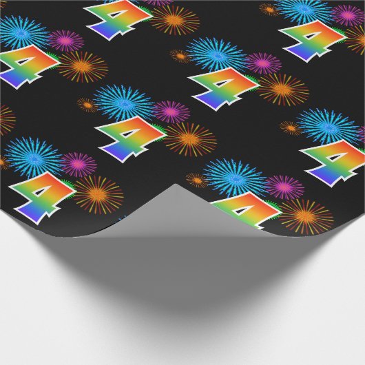 Fun Fireworks + Regenbogenmuster "4" Ereignisnumme Geschenkpapier (Ecke)