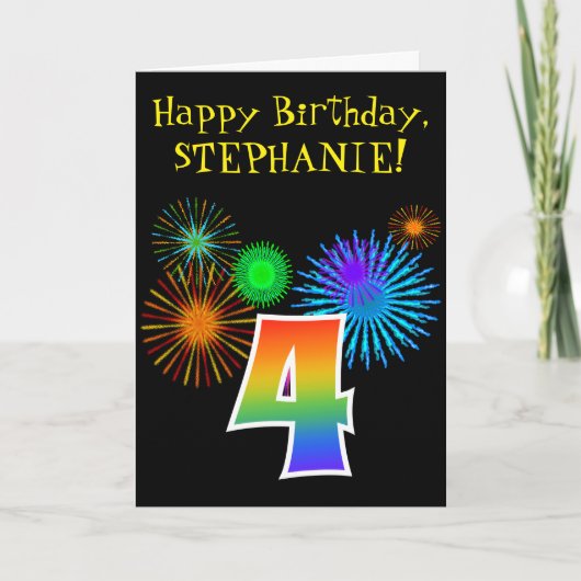 Fun Fireworks + Regenbogenmuster "4" Geburtstag # Karte (Vorderseite)