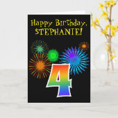 Fun Fireworks + Regenbogenmuster "4" Geburtstag # Karte (Gelbe Blume)