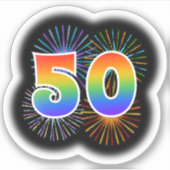 Fun Fireworks + Regenbogenmuster "50" Event # Aufkleber (Vorderseite)