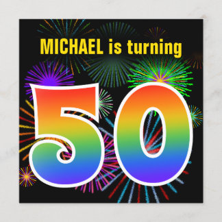 Fun Fireworks + Regenbogenmuster "50" Geburtstag # Einladung