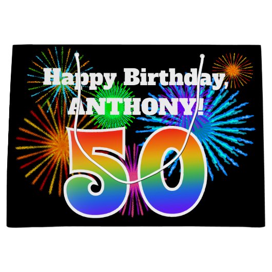 Fun Fireworks + Regenbogenmuster "50" Geburtstag # Große Geschenktüte (Vorderseite)