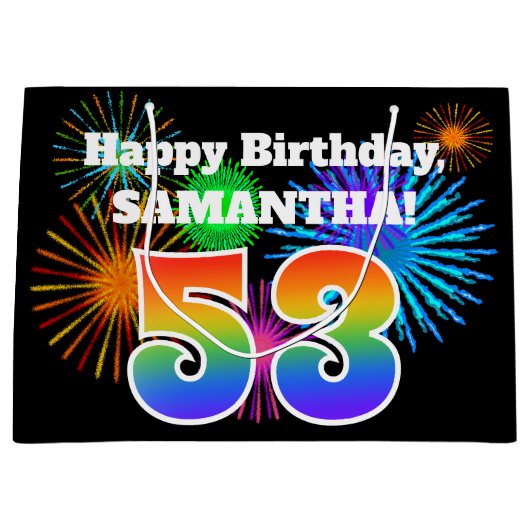 Fun Fireworks + Regenbogenmuster "53" Geburtstag # Große Geschenktüte (Vorderseite)