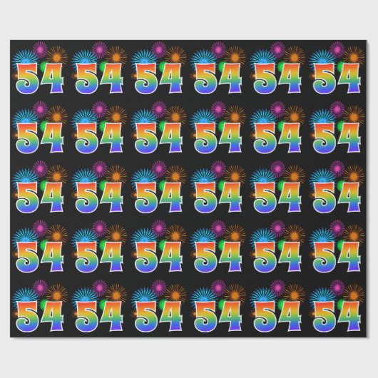 Fun Fireworks + Regenbogenmuster "54" Ereignisnumm Geschenkpapier (Flach)