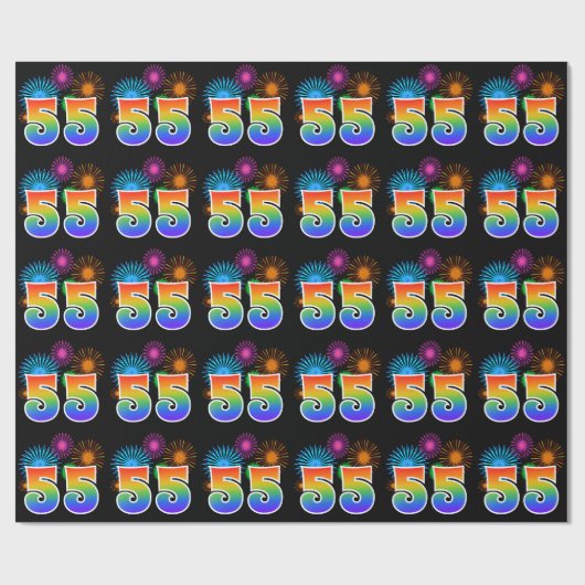 Fun Fireworks + Regenbogenmuster "55" Ereignisnumm Geschenkpapier (Flach)