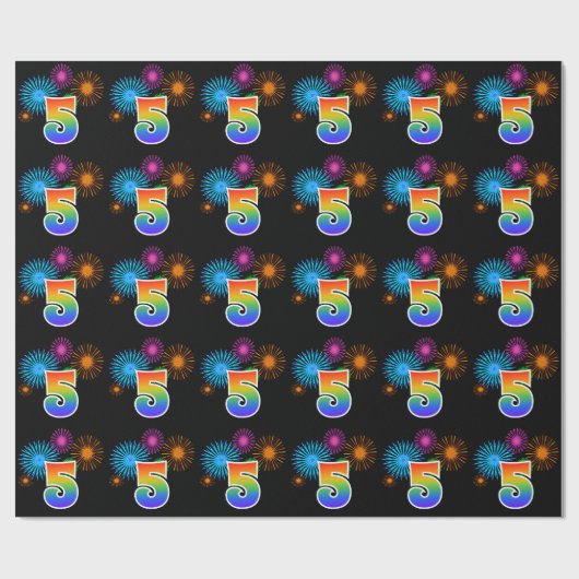 Fun Fireworks + Regenbogenmuster "5" Ereignisnumme Geschenkpapier (Flach)