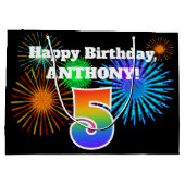 Fun Fireworks + Regenbogenmuster "5" Geburtstag # Große Geschenktüte (Rückseite)