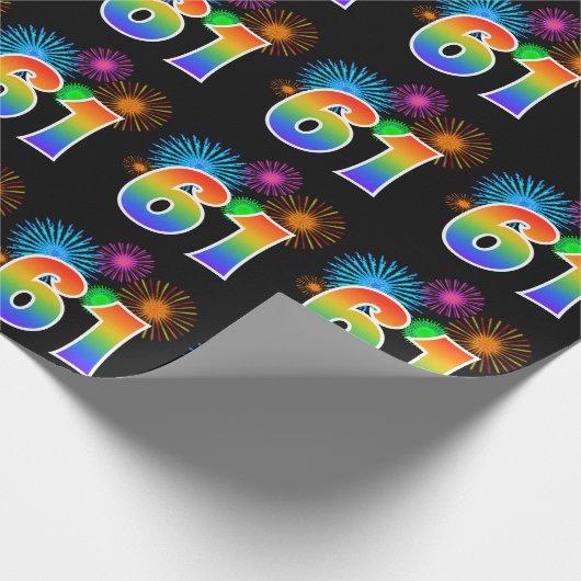 Fun Fireworks + Regenbogenmuster "61" Ereignisnumm Geschenkpapier (Ecke)