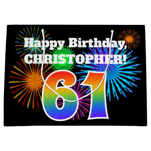 Fun Fireworks + Regenbogenmuster "61" Geburtstag # Große Geschenktüte (Vorderseite)