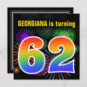 Fun Fireworks + Regenbogenmuster "62" Geburtstag # Einladung (Vorne/Hinten)