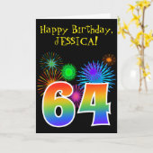 Fun Fireworks + Regenbogenmuster "64" Geburtstag # Karte (Gelbe Blume)
