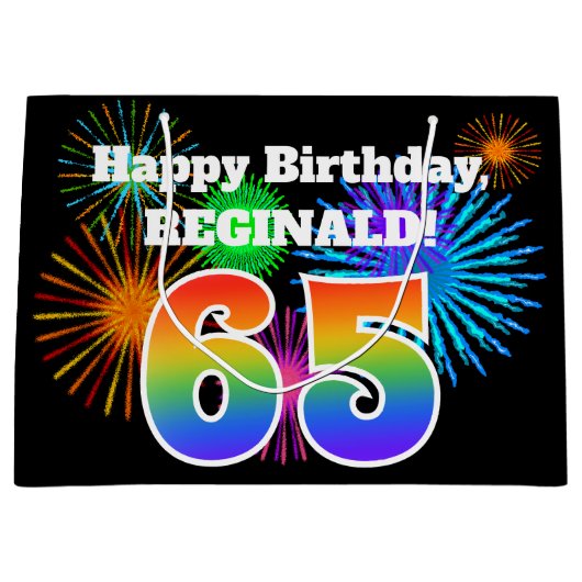 Fun Fireworks + Regenbogenmuster "65" Geburtstag # Große Geschenktüte (Vorderseite)