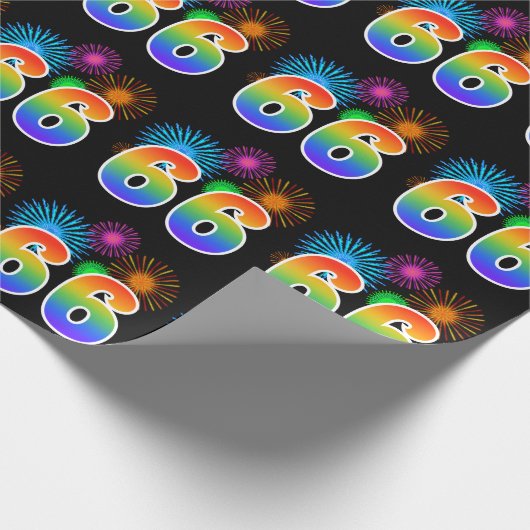 Fun Fireworks + Regenbogenmuster "66" Ereignisnumm Geschenkpapier (Ecke)