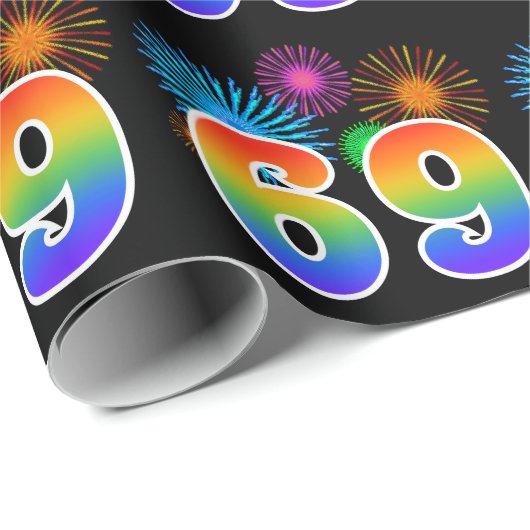 Fun Fireworks + Regenbogenmuster "69" Ereignisnumm Geschenkpapier (Rolleneckpunkt)