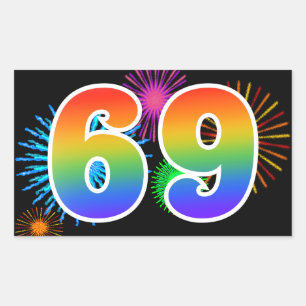 Fun Fireworks + Regenbogenmuster "69" Ereignisnumm Rechteckiger Aufkleber