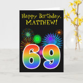 Fun Fireworks + Regenbogenmuster "69" Geburtstag # Karte (Gelbe Blume)