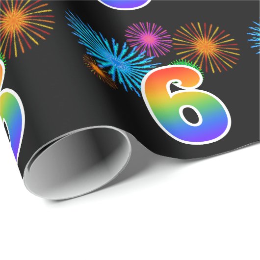Fun Fireworks + Regenbogenmuster "6" Ereignisnumme Geschenkpapier (Rolleneckpunkt)