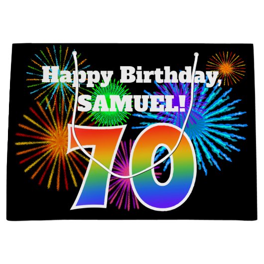 Fun Fireworks + Regenbogenmuster "70" Geburtstag # Große Geschenktüte (Vorderseite)