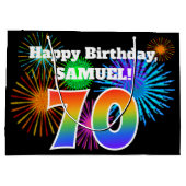 Fun Fireworks + Regenbogenmuster "70" Geburtstag # Große Geschenktüte (Rückseite)