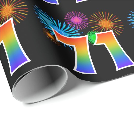 Fun Fireworks + Regenbogenmuster "71" Ereignisnumm Geschenkpapier (Rolleneckpunkt)