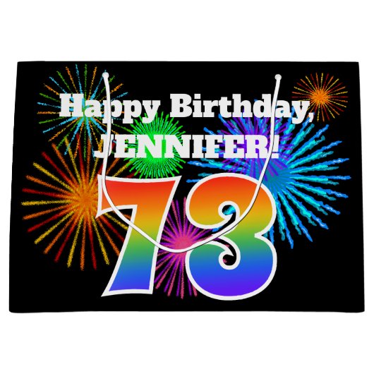 Fun Fireworks + Regenbogenmuster "73" Geburtstag # Große Geschenktüte (Vorderseite)