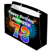 Fun Fireworks + Regenbogenmuster "73" Geburtstag # Große Geschenktüte (Rückseite Schrägansicht)