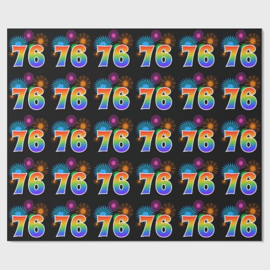 Fun Fireworks + Regenbogenmuster "76" Ereignisnumm Geschenkpapier (Flach)
