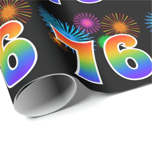 Fun Fireworks + Regenbogenmuster "76" Ereignisnumm Geschenkpapier (Rolleneckpunkt)